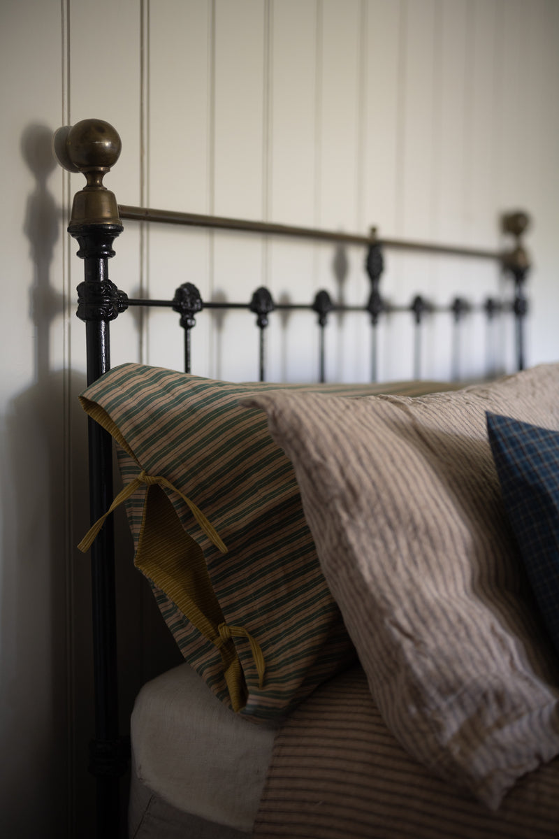 Indian Cotton Tie Pillowcase Extra Long - Lola Olive Stripe / Lemon Balm
