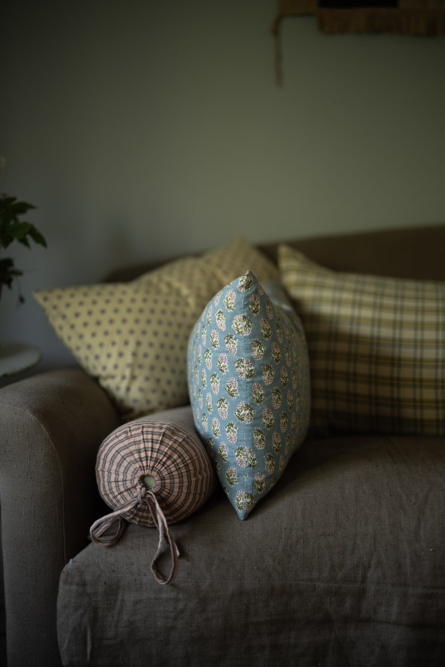 Indian Cotton Tie Pillowcase Extra Long - Anise Check / Blue Surge