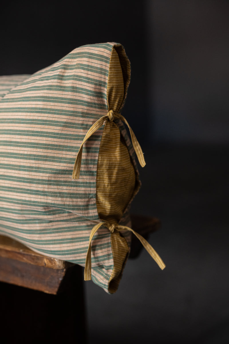 Indian Cotton Tie Pillowcase Extra Long - Lola Olive Stripe / Lemon Balm