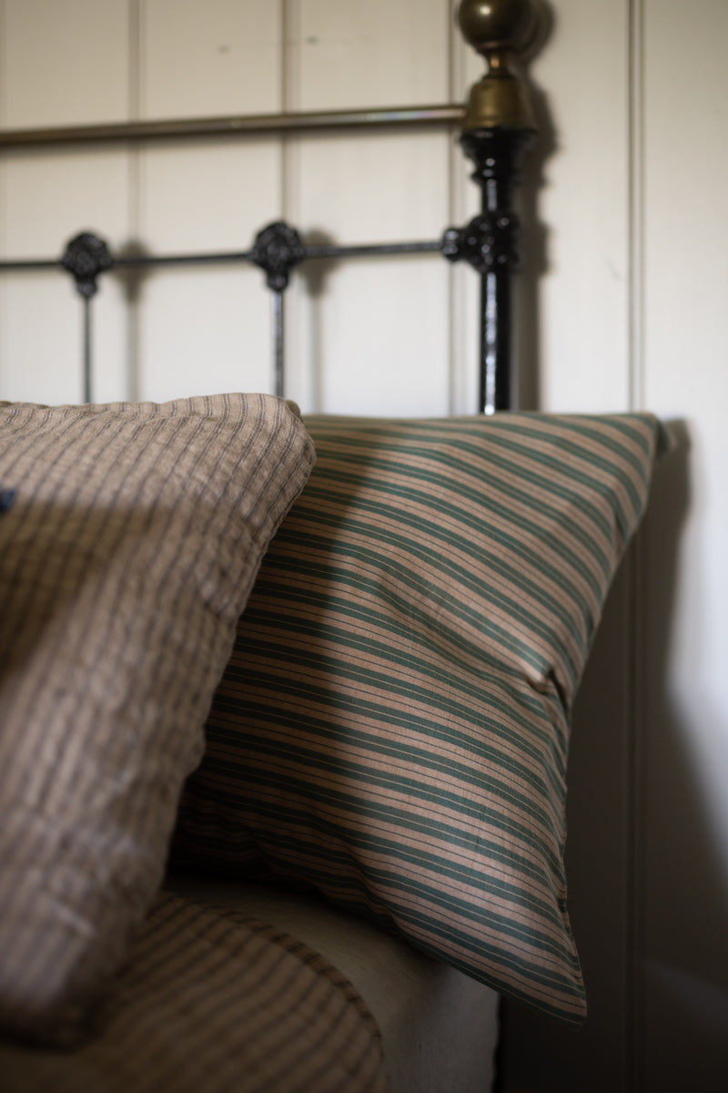 Indian Cotton Tie Pillowcase Extra Long - Lola Olive Stripe / Lemon Balm