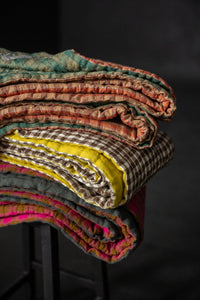 Laundered Linen Kantha Stitched Quilt - Orange Grove/Pistachio