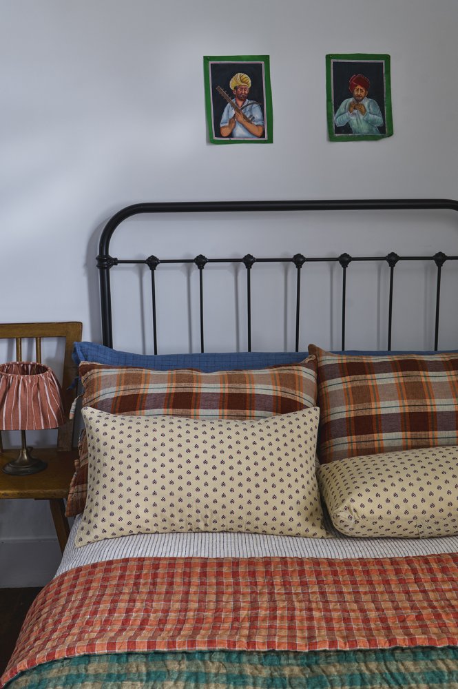 Laundered Linen Kantha Stitched Quilt - Orange Grove/Pistachio