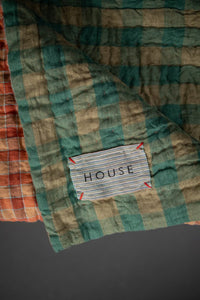 Laundered Linen Kantha Stitched Quilt - Orange Grove/Pistachio