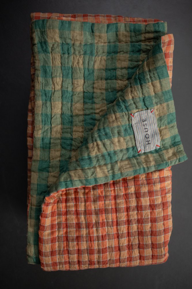 Laundered Linen Kantha Stitched Quilt - Orange Grove/Pistachio