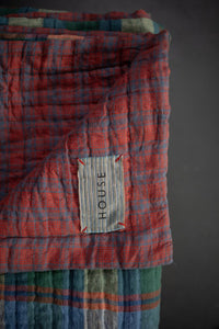 Laundered Linen Kantha Stitched Quilt - Hot Celery/Dear Daisy Red