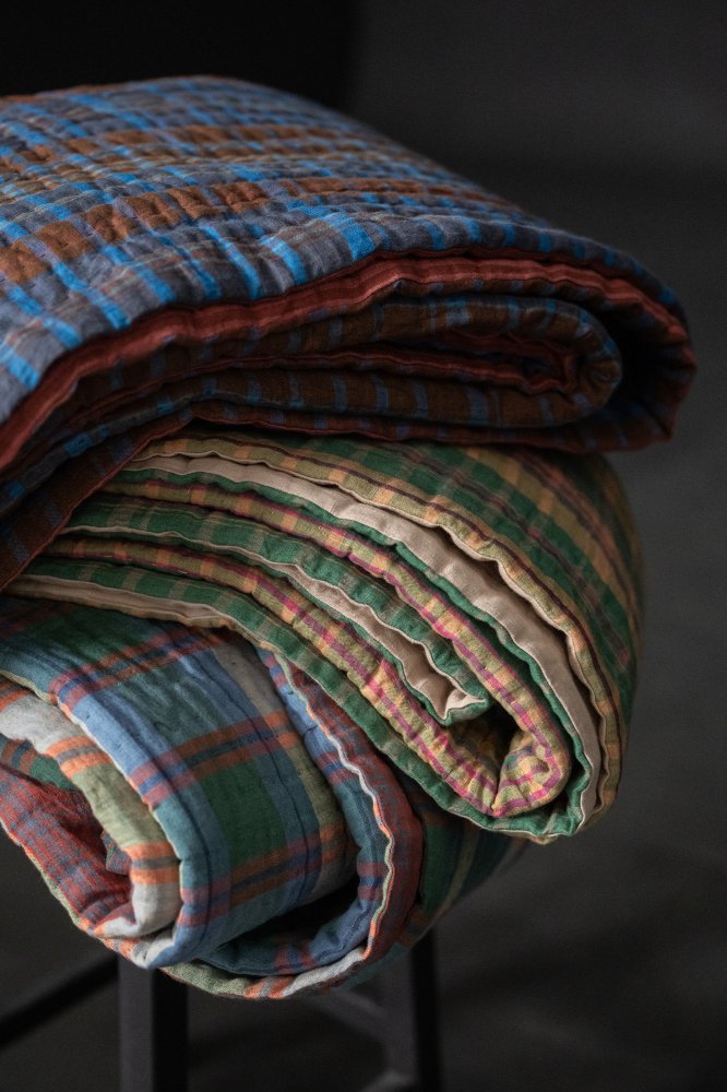 Laundered Linen Kantha Stitched Quilt - Hot Celery/Dear Daisy Red
