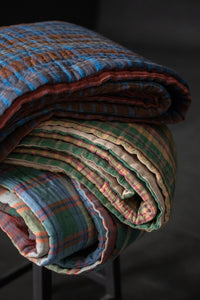Laundered Linen Kantha Stitched Quilt - Hot Celery/Dear Daisy Red