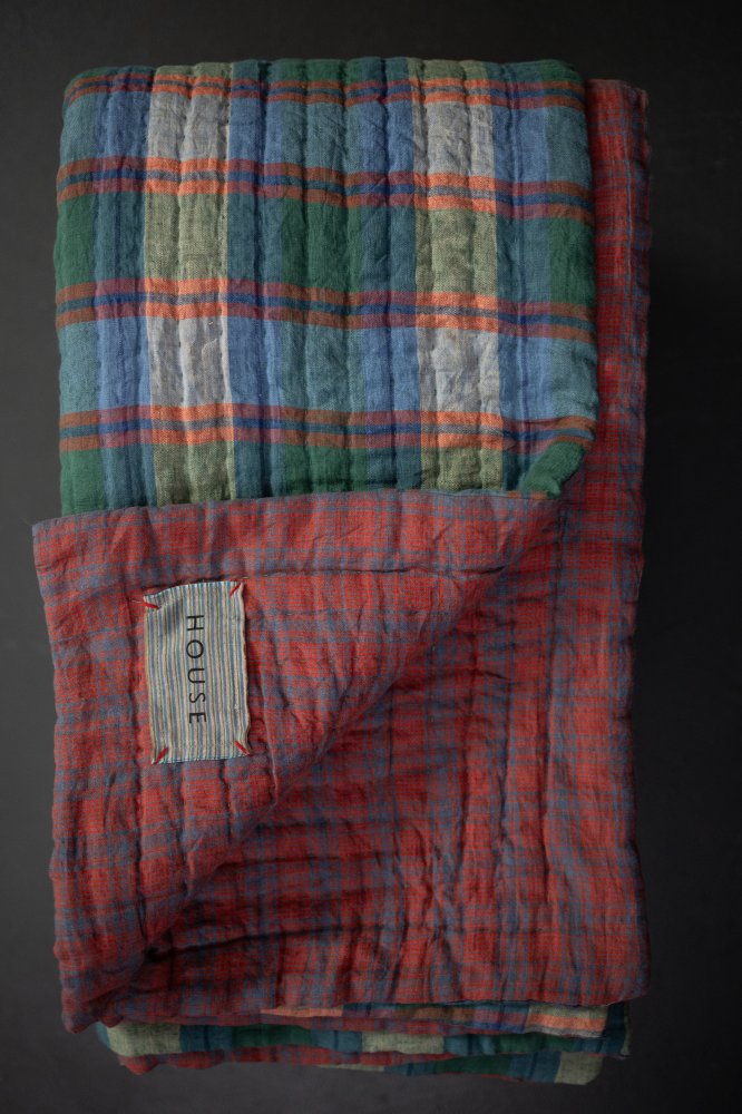 Laundered Linen Kantha Stitched Quilt - Hot Celery/Dear Daisy Red