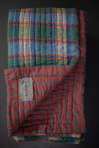 Laundered Linen Kantha Stitched Quilt - Hot Celery/Dear Daisy Red