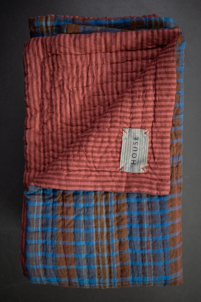 Laundered Linen Kantha Stitched Quilt - The Lakes/Pink Cloud