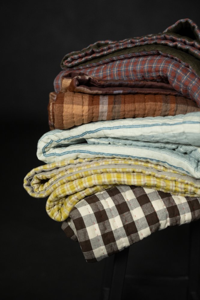 Laundered Linen Kantha Stitched Quilt - Sansho Spice/Knapsack