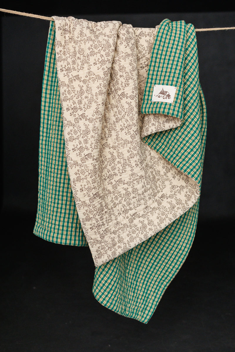 Cotton/Linen Kantha Stitched Quilt - Walled Garden