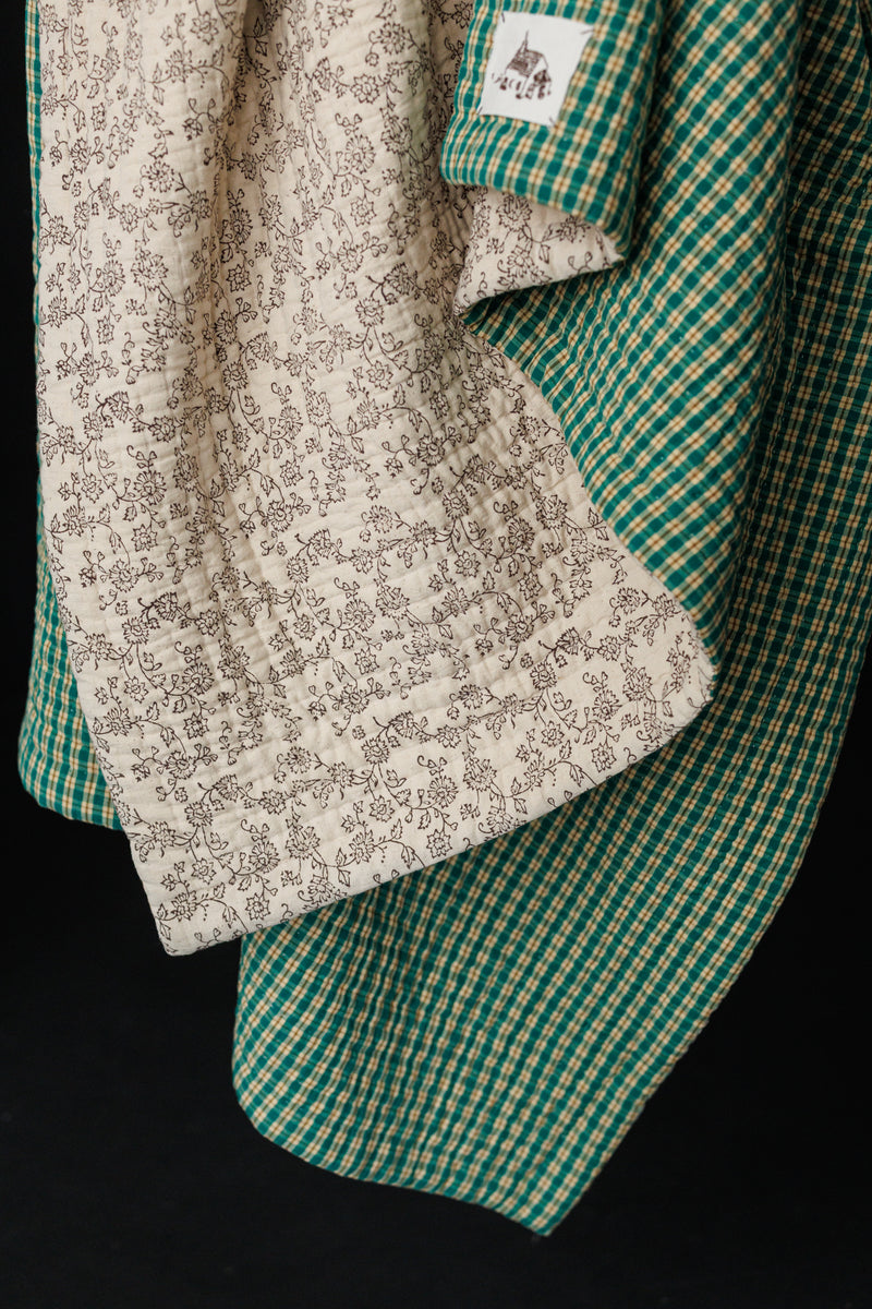Cotton/Linen Kantha Stitched Quilt - Walled Garden