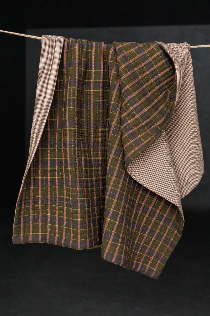 Handloom Cotton Kantha Stitched Quilt - Misty Green