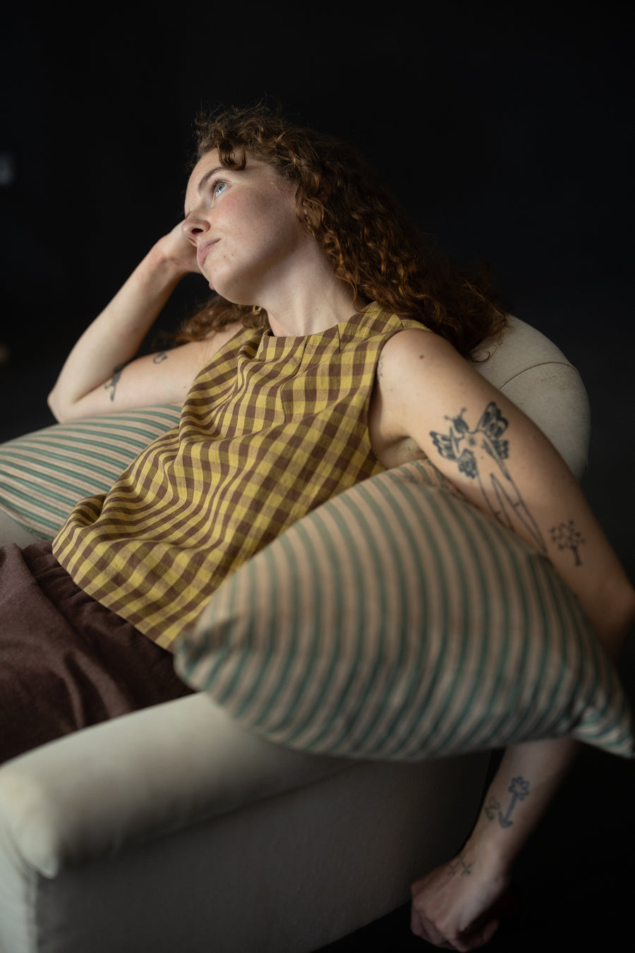 Indian Cotton Tie Pillowcase Extra Long - Lola Olive Stripe / Lemon Balm