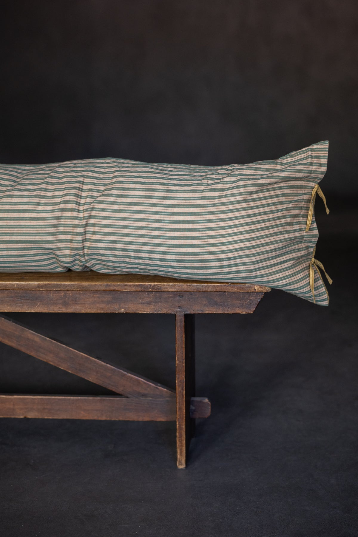 Indian Cotton Tie Pillowcase Extra Long - Lola Olive Stripe / Lemon Balm